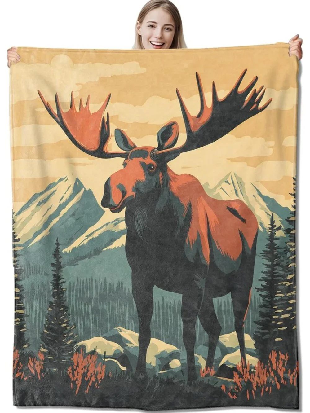 Vintage Moose Flannel Throw Blanket 50x60 Inch, Retro Wildlife Design with Mount